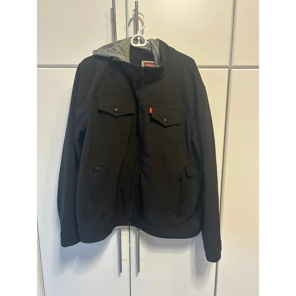Levis Mens Black Softshell Hooded Jacket‎ Full Zip Windbreaker Coat Large